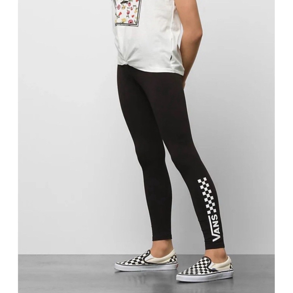 Vans Black Leggings Girls Size Small 7-8 Checkerboard Logo Stretch Pants